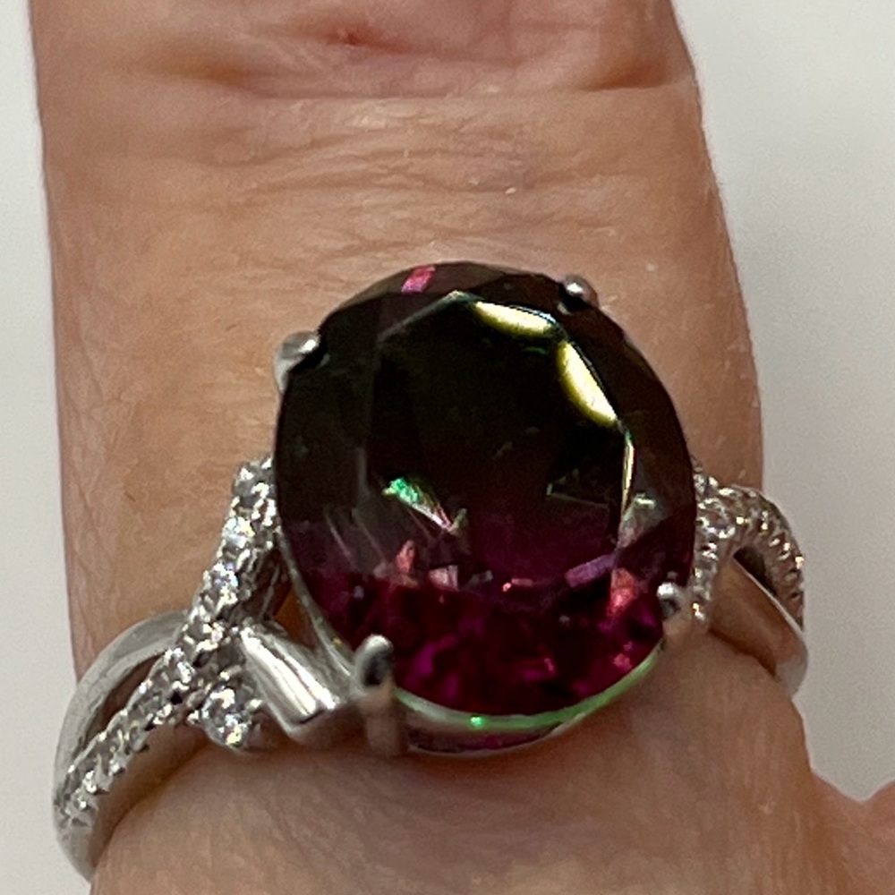 ‘Watermelon’ Quartz Solitaire S925 Ring. Split Shanks with Austrian Crystals.